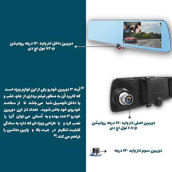 4-mirror of 3 car cameras (recording and display of all three cameras) آینه 3 دوربین خودرو (ضبط و نمایش هرسه دوربین)