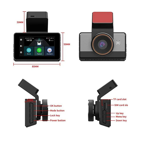 9-P83 Dual Lens 4G Car DVR Camera with GPS ابعاد و کلیدهای دوربین ثبت وقایع خودرو P83