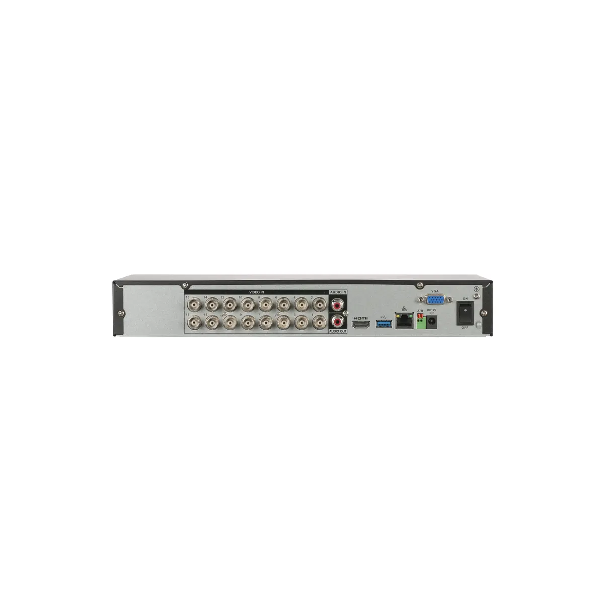 دستگاه داهوا XVR5116AN-4KL-I3 – نمای پشت نمای پشت دستگاه داهوا XVR5116AN-4KL-I3 با ۱۶ ورودی BNC و درگاههای اتصال