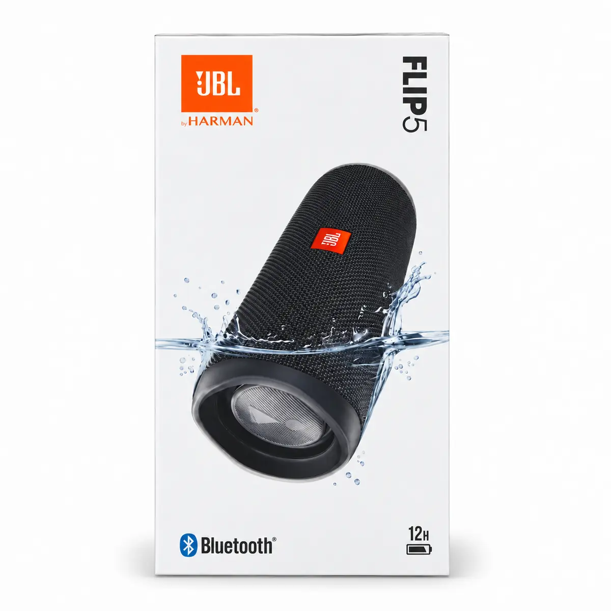 JBL Flip 5 – نمای روبهروی جعبه نمای روبهروی جعبه اسپیکر JBL Flip 5 با تصویر مدل مشکی