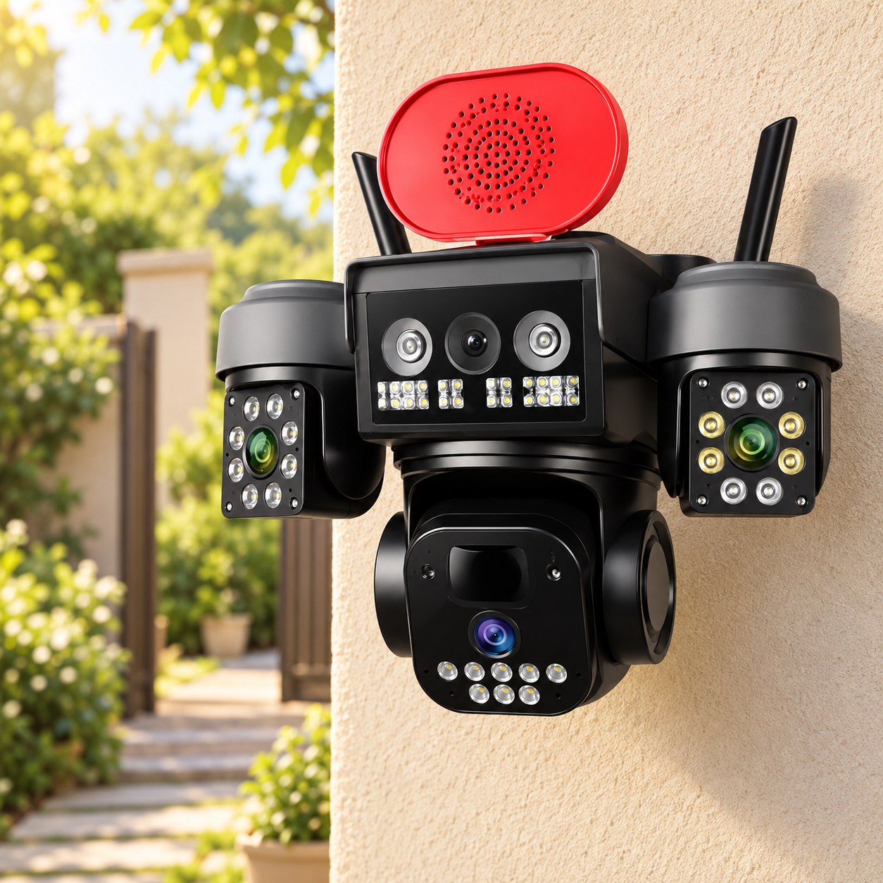okam-pro-x4-03-garden-entry نمای نصب دوربین OKAM PRO X4 کنار ورودی باغ؛ تصویر ساختهشده