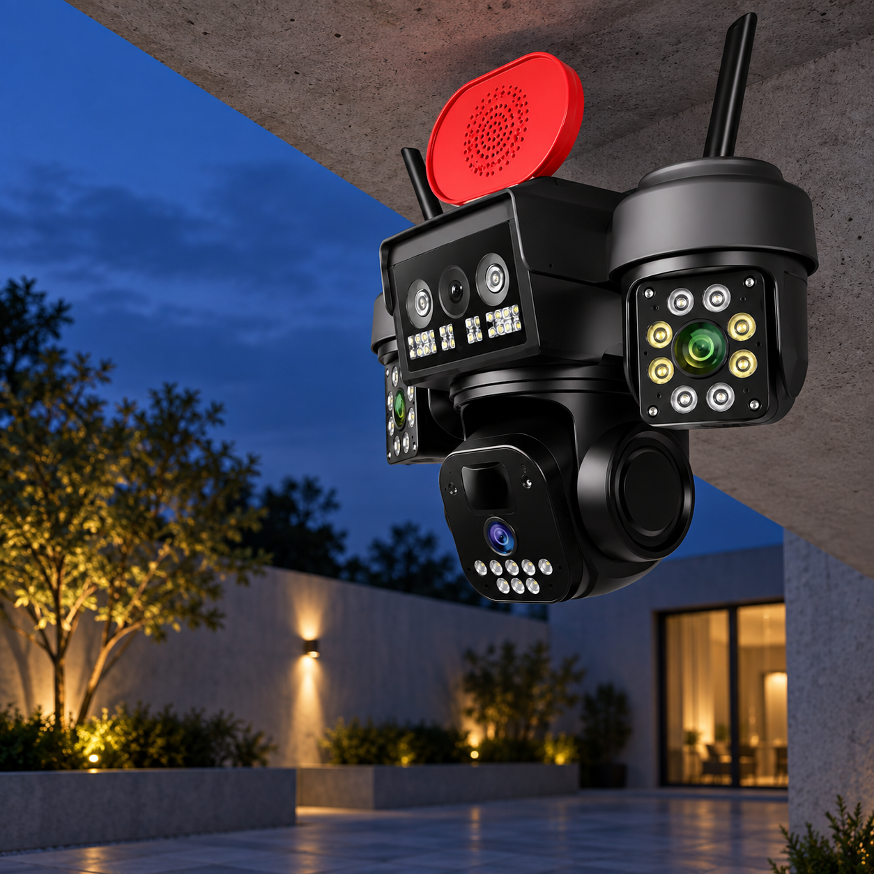 okam-pro-x4-04-courtyard-side نمای مایل دوربین چهار لنز OKAM PRO X4 زیر پیشآمدگی ساختمان در حیاط؛ تصویر ساختهشده