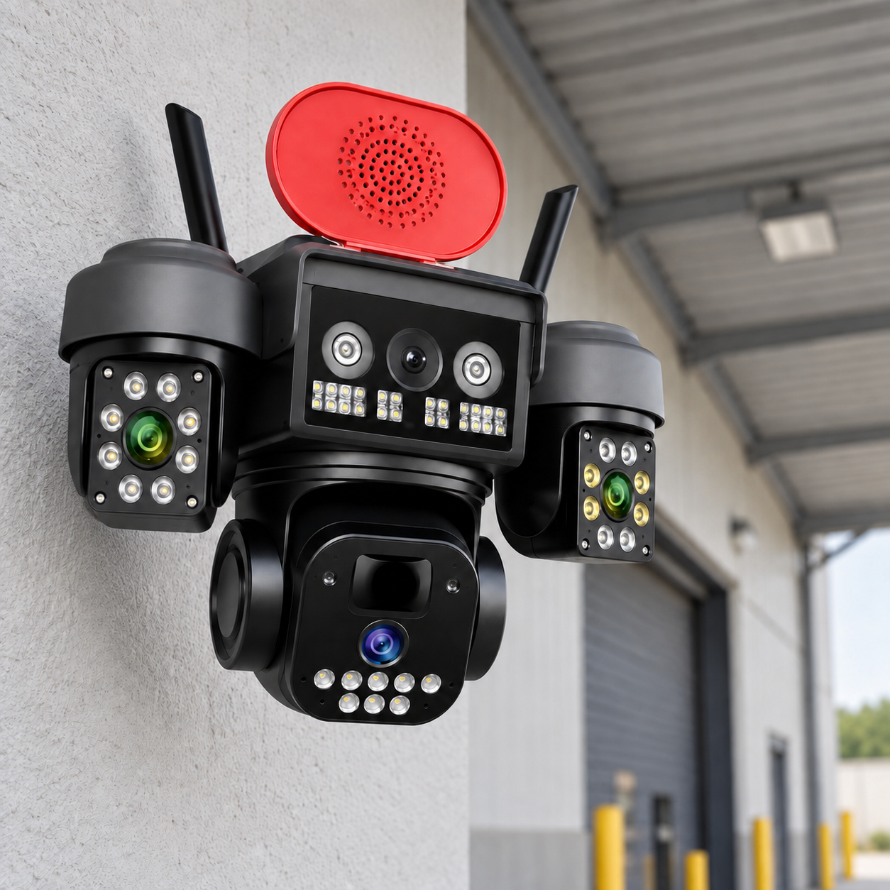 okam-pro-x4-04-warehouse-entry نمای نصب دوربین OKAM PRO X4 زیر سایبان ورودی انبار؛ تصویر ساختهشده