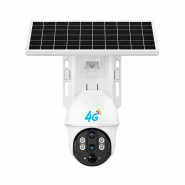 نمای روبه‌رو دوربین خورشیدی سیمکارتی دو لنز VC6-DL-4G همراه پنل خورشیدی