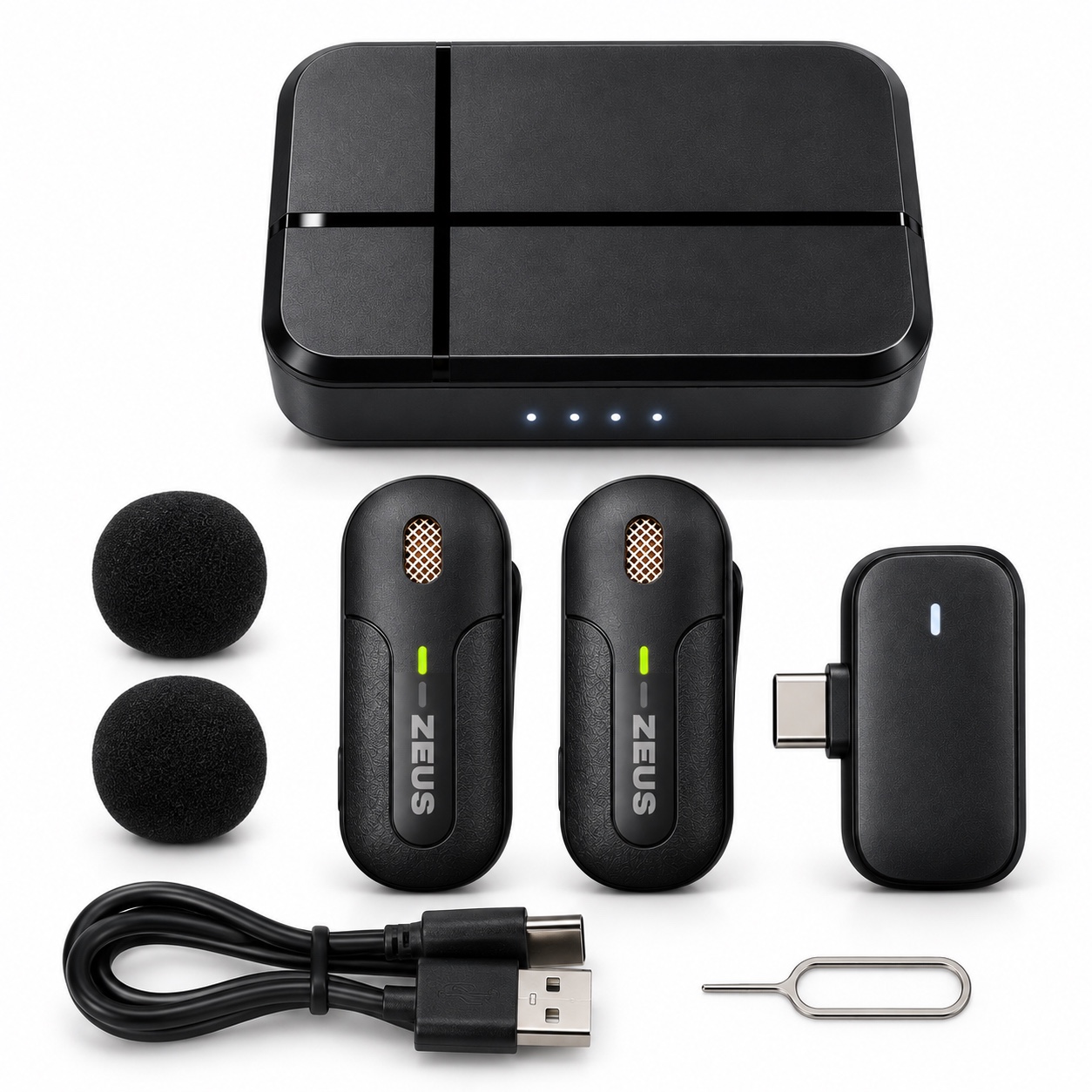 کیت کامل میکروفون بیسیم زئوس K83 شامل دو میکروفون، گیرنده Type-C، کیس شارژ و لوازم همراه