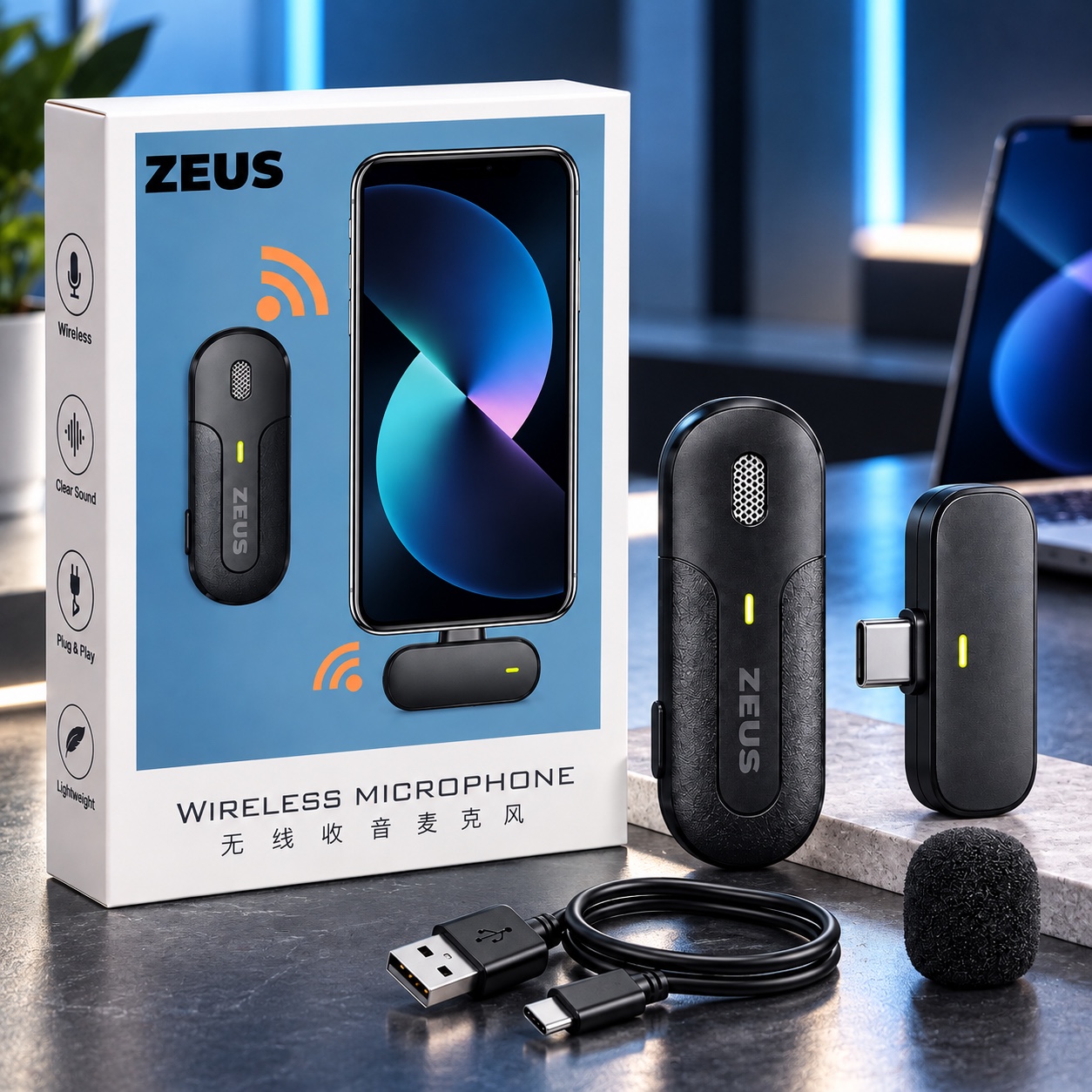 میکروفون زئوس K83 با جعبه و لوازم میکروفون بیسیم زئوس K83 کنار جعبه، گیرنده Type-C، کابل و بادگیر