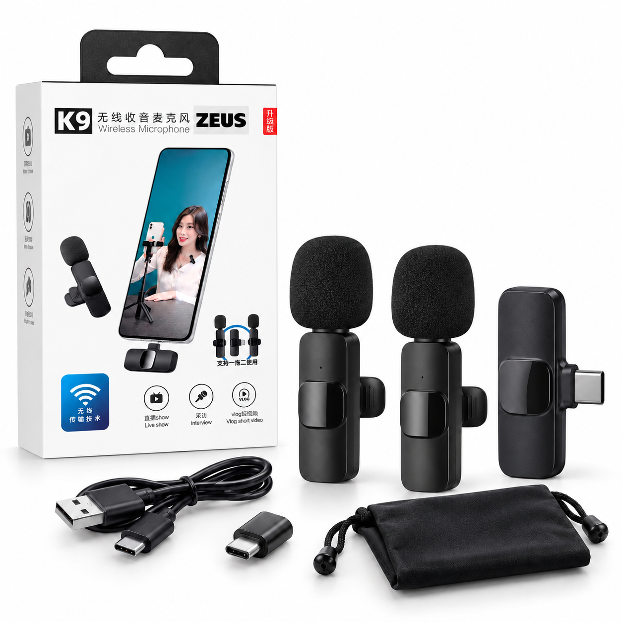 میکروفون بیسیم دو نفره زئوس K9 دو میکروفون بیسیم زئوس K9 به همراه گیرنده و مبدل Lightning